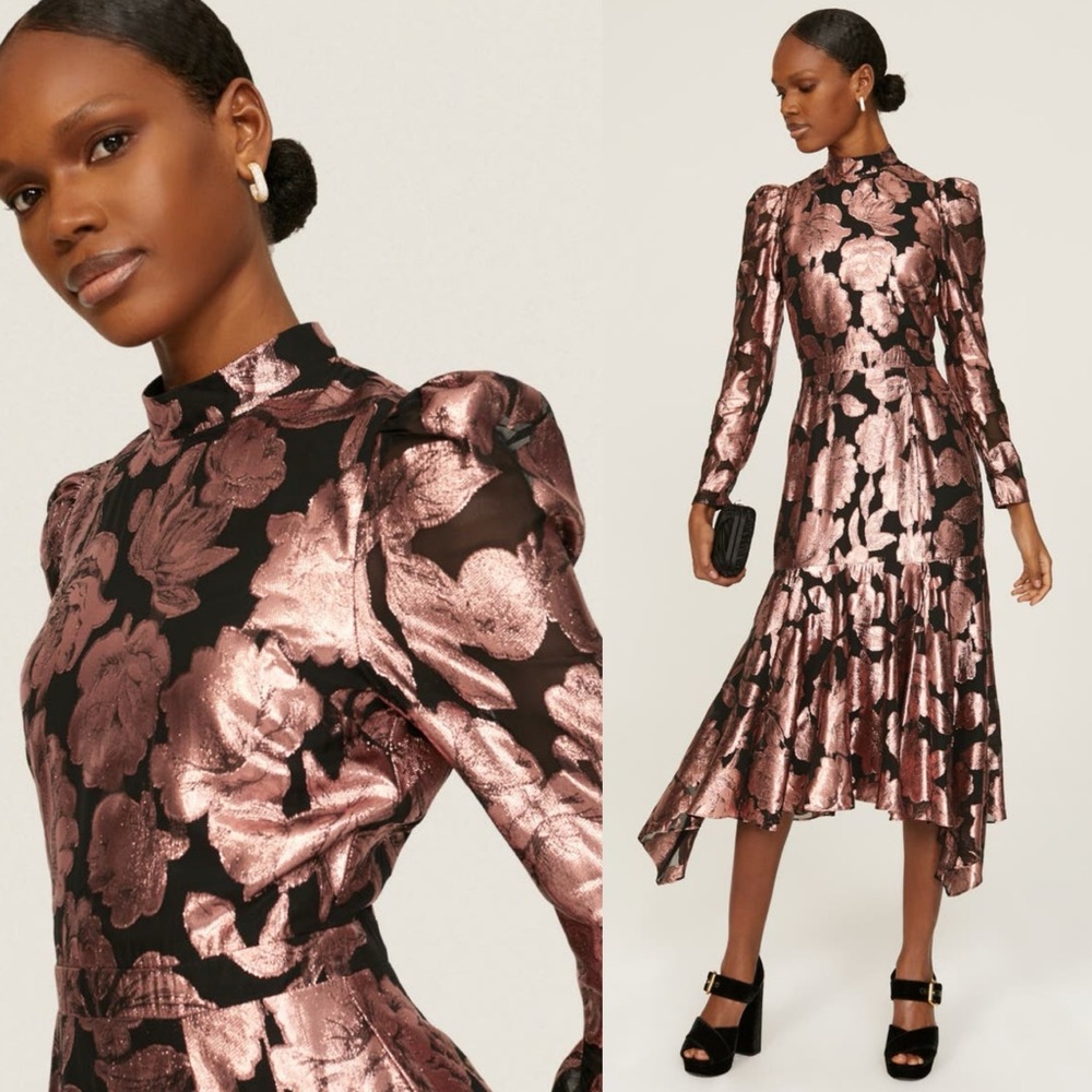 Yumi Kim Connie Metalic Brocade Floral Midi Dress M Black Ruffle Puff Sleeve